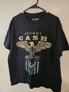 Ash Black Johnny Cash Eagle Graphic Tee with Gold and Light Blue Print